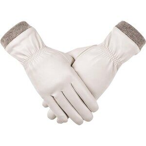 Women's Beige Winter Leather Gloves Wool Fleece Lined Thermal Touchscreen